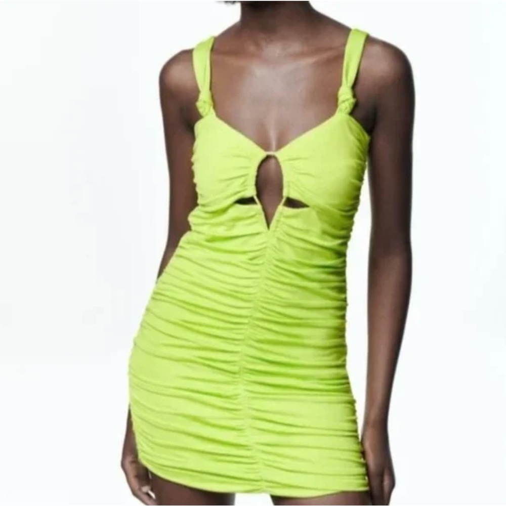Zara lime ruched cutout mini dress